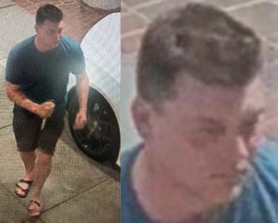 Two views of the same man. On the left he is on foot beside a parked car, wearing a dark short-sleeve T-shirt, dark shorts and open sandals. On the right is a close crop of his face.