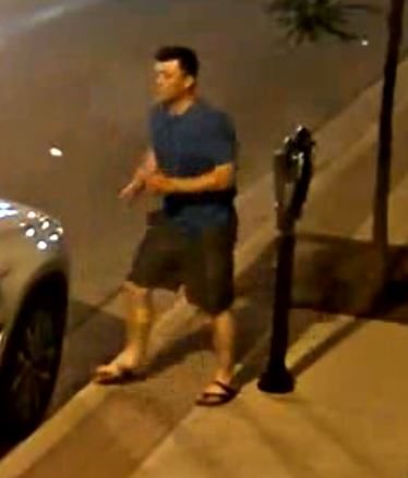The man walking along the sidewalk at night, passing a row of parked cars and a parking meter.