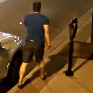 Seen from behind, the man walking away down the sidewalk past a parking meter.